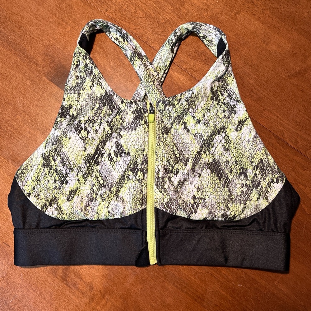 Lime green snakeskin print Fabletics super supportive zip up sports bra
